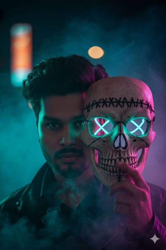 Neon Skull Mask Portrait: Hyper-Realistic AI Art Prompt - view 1