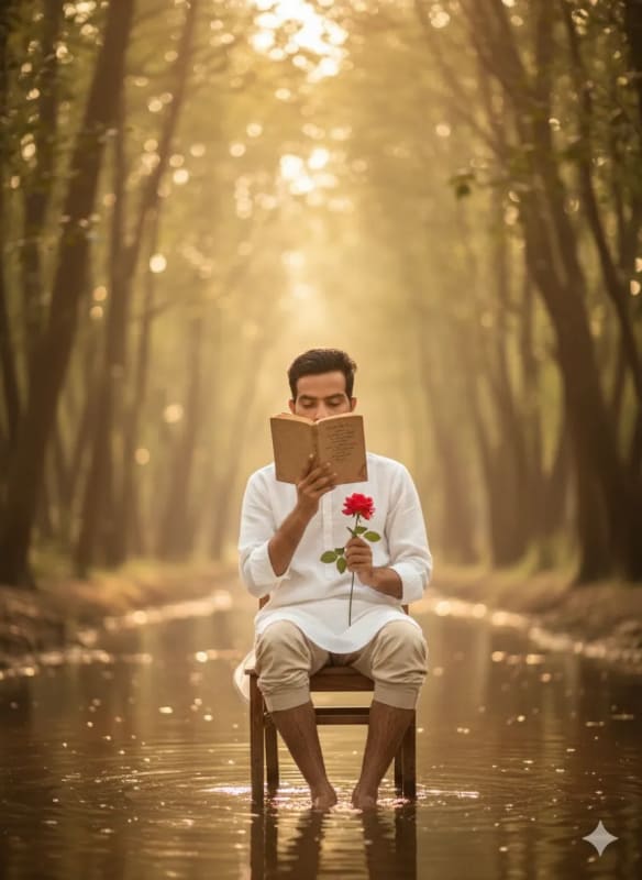 Man Reading by Forest Stream: Dreamy Fine Art Photography Prompt thumbnail 2