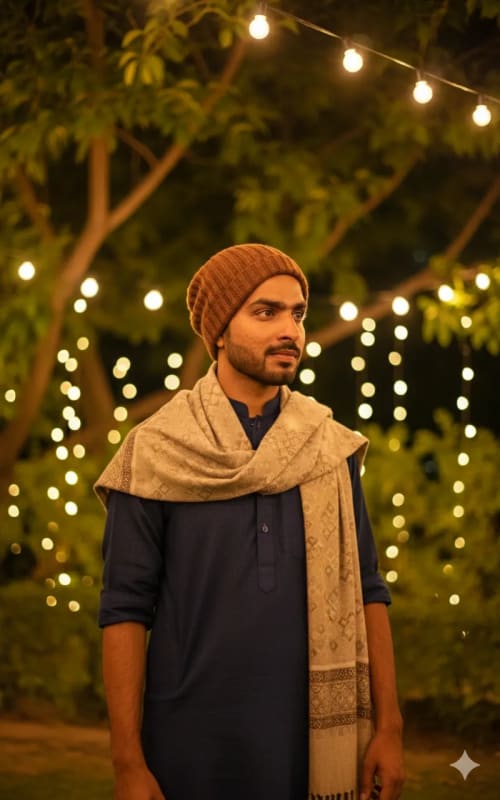 Stylish Young Man Portrait Under Warm String Lights thumbnail 2