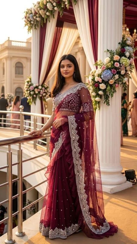 Elegant Woman in Wine Saree at Opulent Venue thumbnail 3
