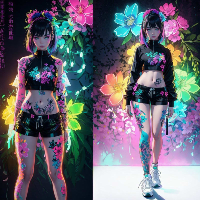 Neon Tattooed Woman Portrait: Hyperrealistic Body Art thumbnail 3