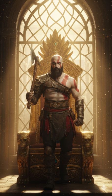 God of War Kratos Style Portrait on Golden Throne thumbnail 2