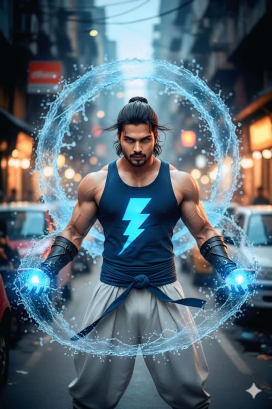 Muscular Water Elemental Master Portrait in Neon Cityscape - view 1