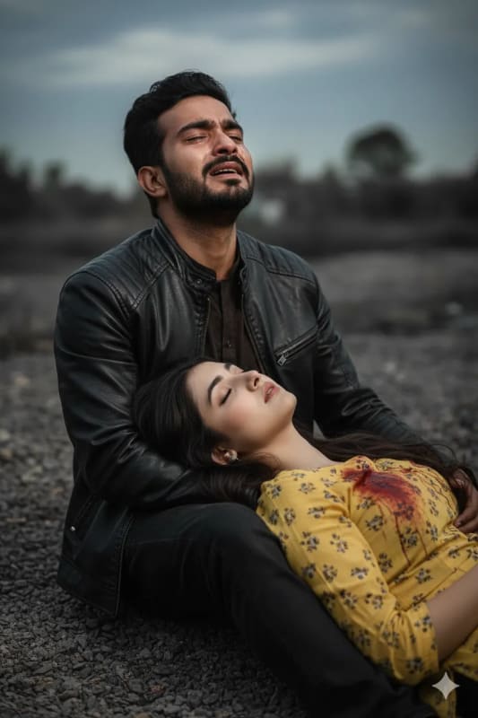 Heartbreak Scene: Man Holding Unconscious Woman - Dramatic AI Art - view 1