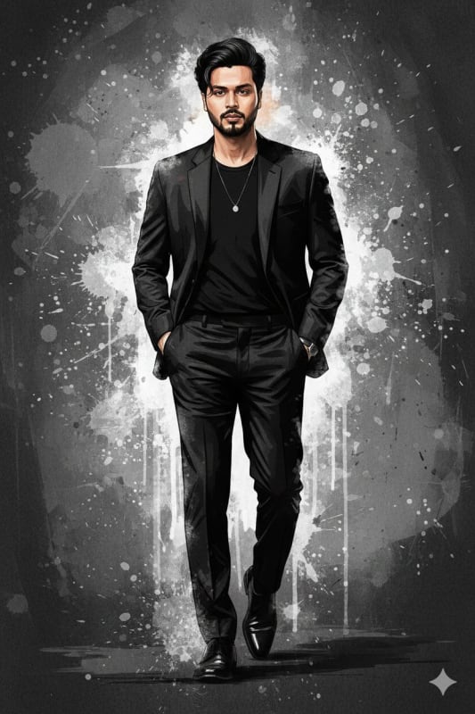 Confident Man in Black Suit: Gritty Illustration - view 1
