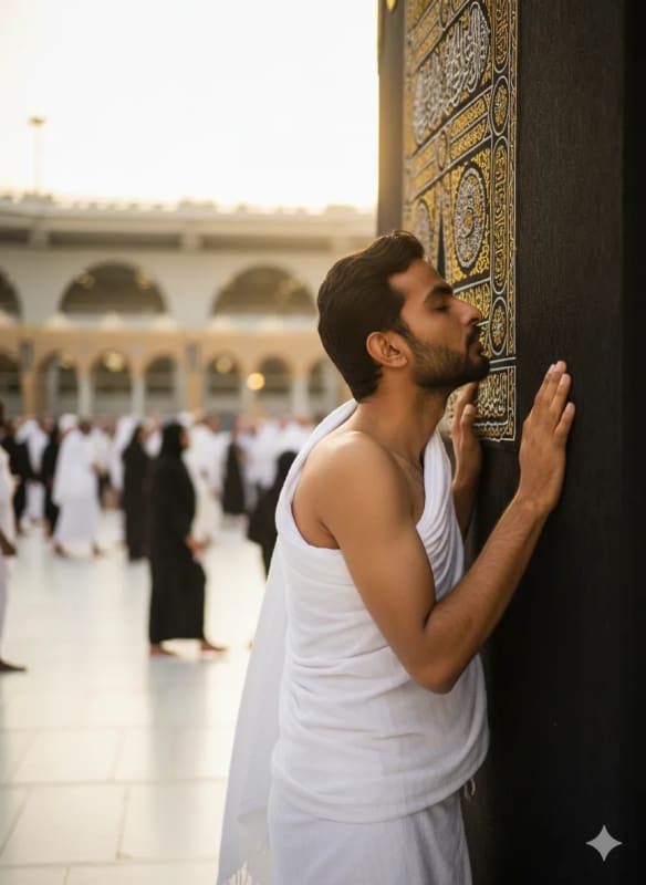 Emotional Mecca Pilgrimage Portrait: Man Kissing Kaaba at Sunset thumbnail 2
