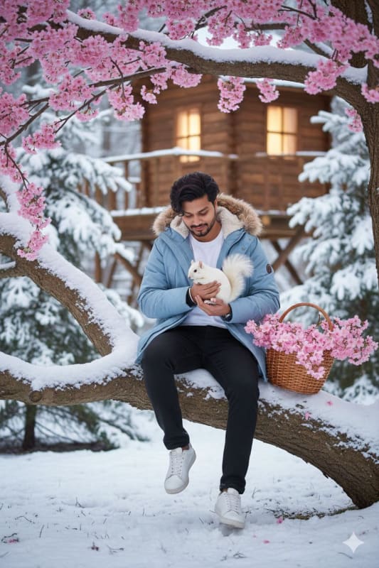 Man with Squirrel in Snowy Cherry Blossom Forest - Photorealistic AI Prompt - view 1