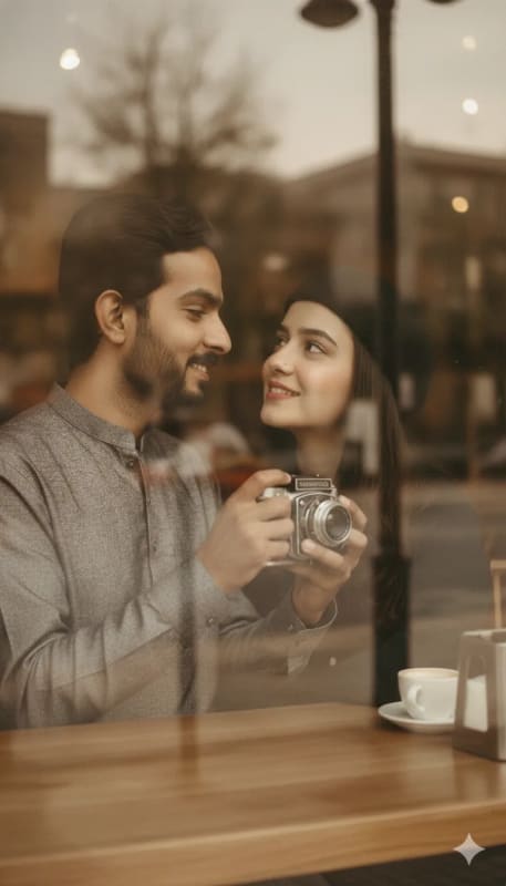 Romantic Cafe Moment: Film Camera Portrait - view 1