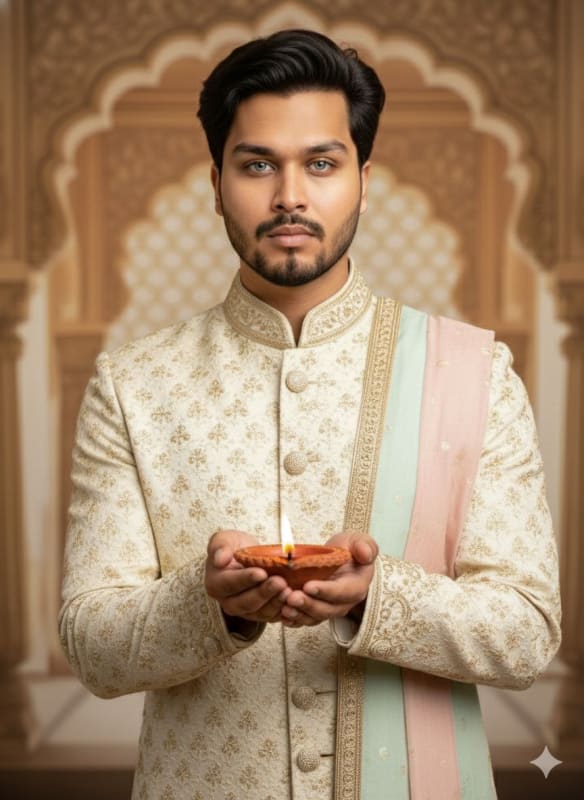 Elegant Indian Man Portrait in Cream Sherwani thumbnail 3