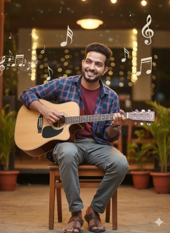 Young Man Playing Guitar in Cozy Cafe - Stock Photography - view 1