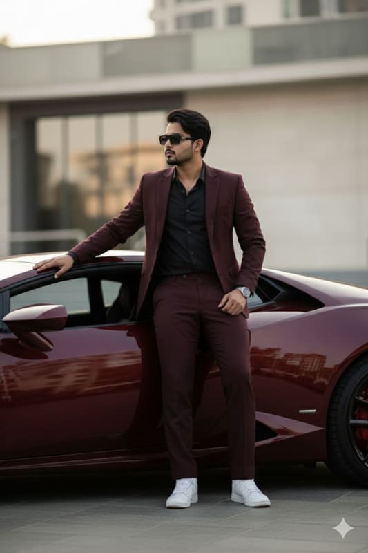 Luxury Lifestyle Photography: Maroon Lamborghini and Stylish Man thumbnail 2