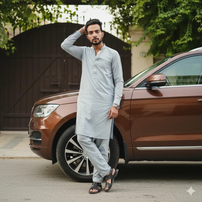 Stylish Man in White Kurta Posing with Luxury SUV thumbnail 2