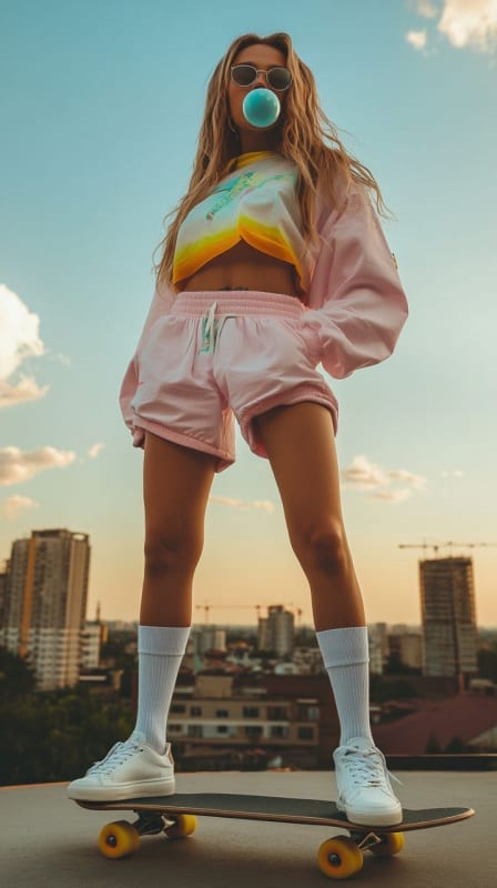 Streetwear Fashion Model with Bubble Gum on Skateboard thumbnail 6