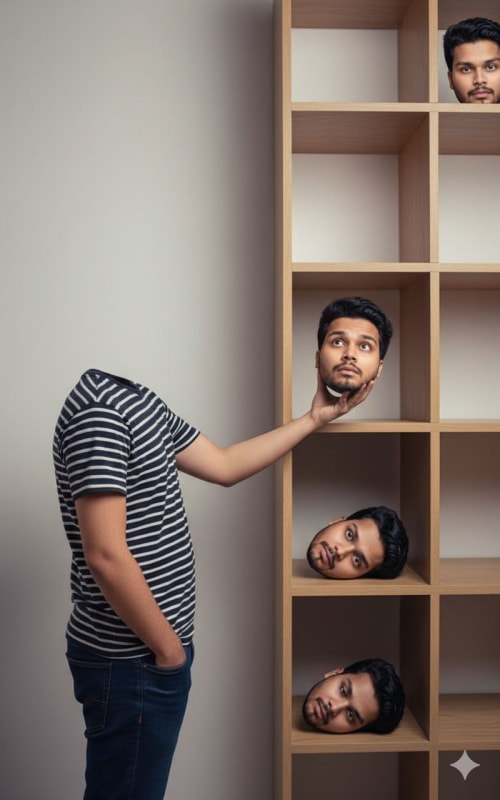 Surreal Headless Man and Cubby Shelf of Faces AI Art Prompt thumbnail 2