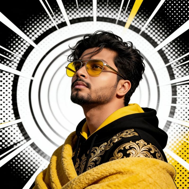 Photorealistic Portrait with Gold Baroque Hoodie and Yellow Accents - view 1