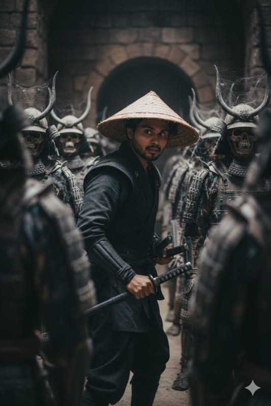 Ninja in Samurai Skull Crowd: Cinematic Photo - view 1