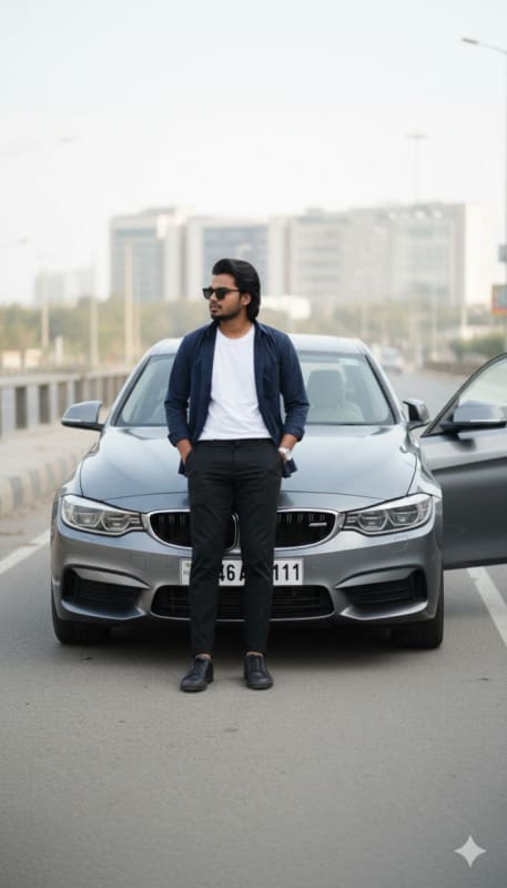 Stylish Man Leaning on Sedan - view 1