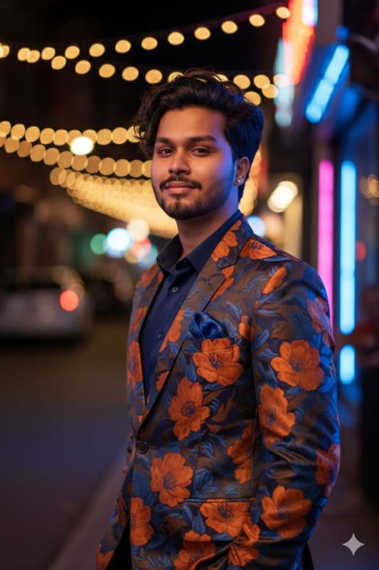 Neon City Portrait: Stylish Man in Floral Blazer thumbnail 2