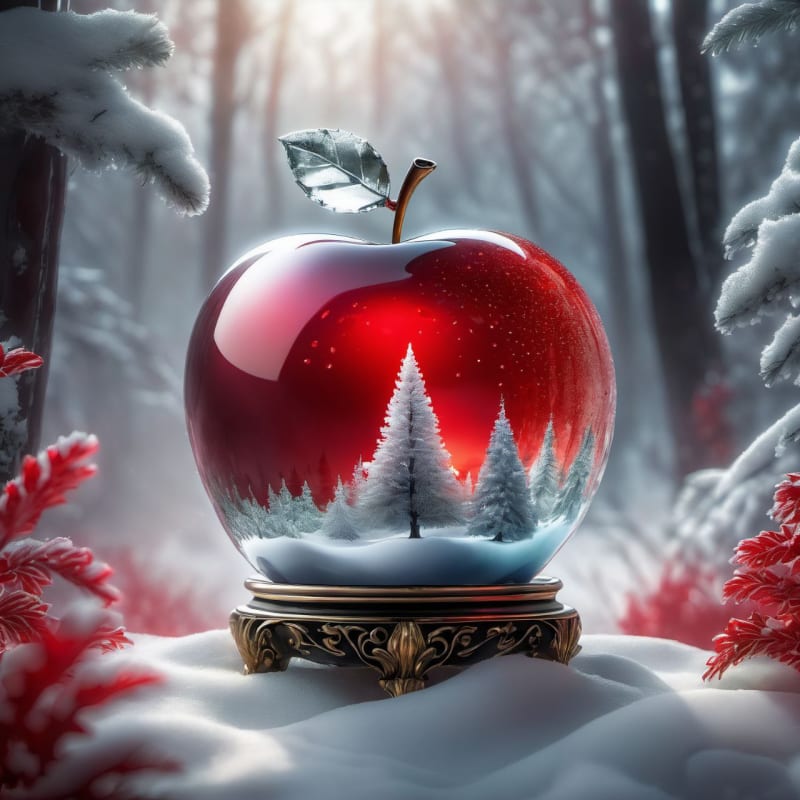 Epic Crystal Apple in Winter Forest: 8K Hyperrealistic Digital Painting - view 1