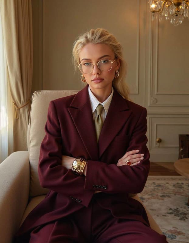 Photorealistic Woman Portrait in Burgundy Suit - 8K Studio Quality thumbnail 2