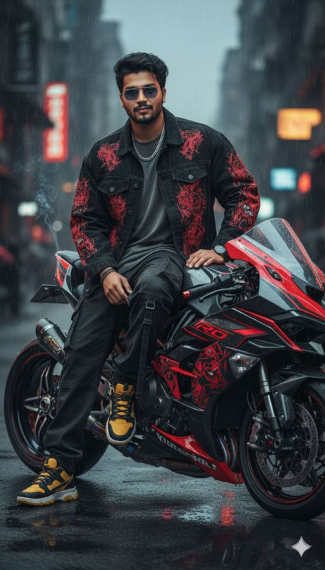 Stylish Young Man with Ninja H2R Motorcycle Portrait - view 1