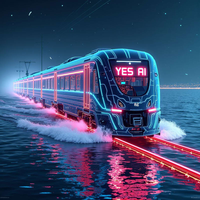 Futuristic Train Journey on Ocean Waves: X-Ray Fluorescent Art thumbnail 4