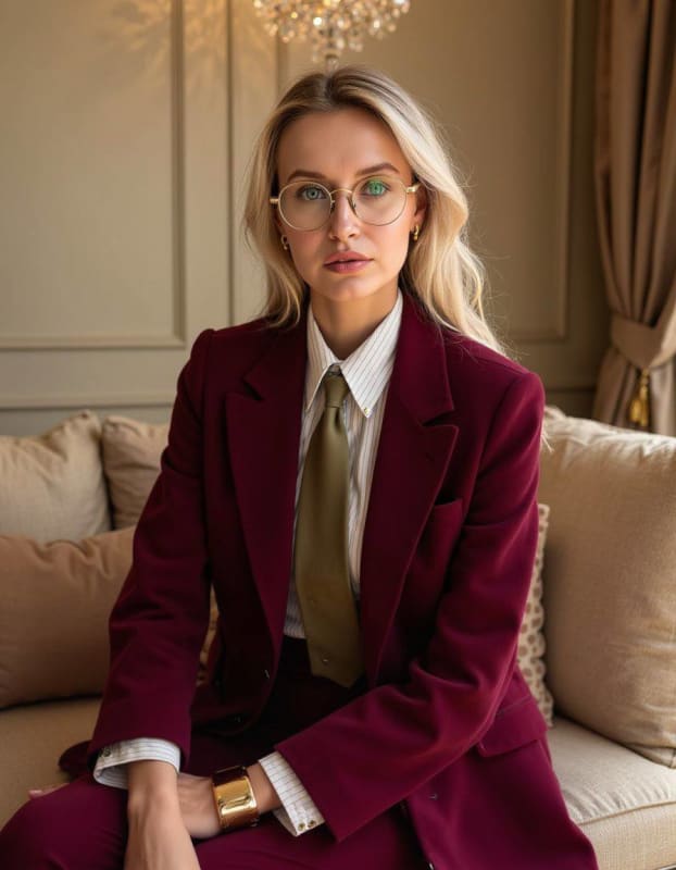 Photorealistic Woman Portrait in Burgundy Suit - 8K Studio Quality - view 1