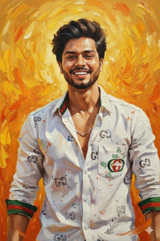 Vibrant Oil Painting Portrait of South Asian Man in Gucci Shirt thumbnail 2