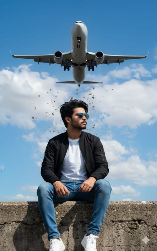 Dramatic Photo of Man Under Low-Flying Jet thumbnail 2
