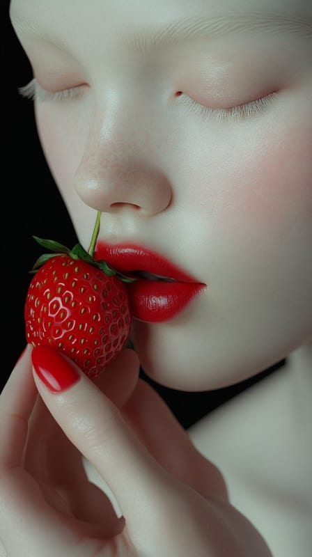 Albino Beauty with Strawberry: A Photorealistic Food Portrait thumbnail 5