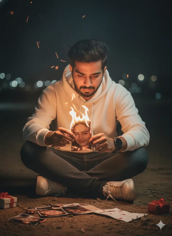 Melancholic Man with Burning Photo: Ultra Realistic Image thumbnail 2