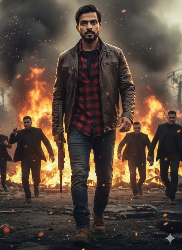 Heroic Man Walking Through Fire: Cinematic Action Scene - view 1