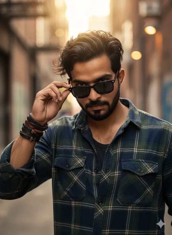 Intense Portrait of a Man Adjusting Sunglasses in Flannel Shirt thumbnail 2