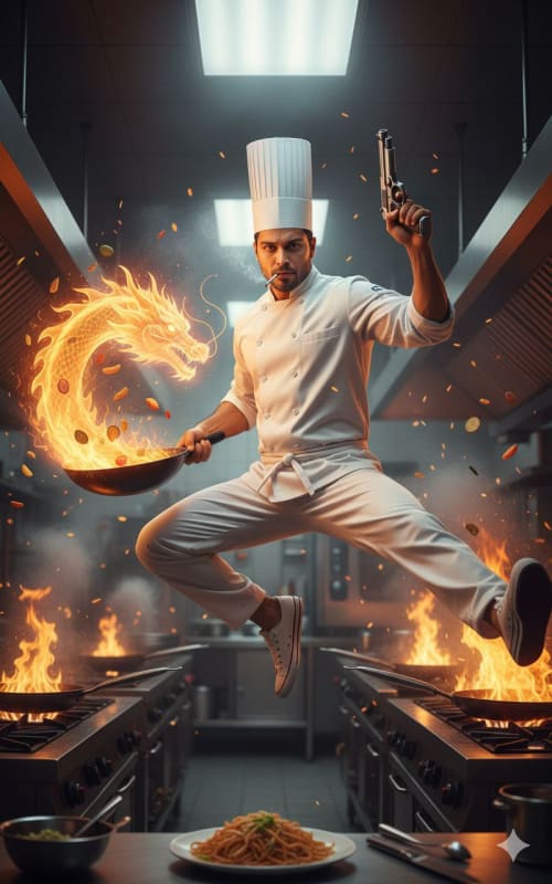 Fiery Chef Jump: Photo Editing Transformation - view 1