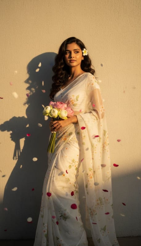 Retro 90s White Chiffon Saree Portrait thumbnail 2