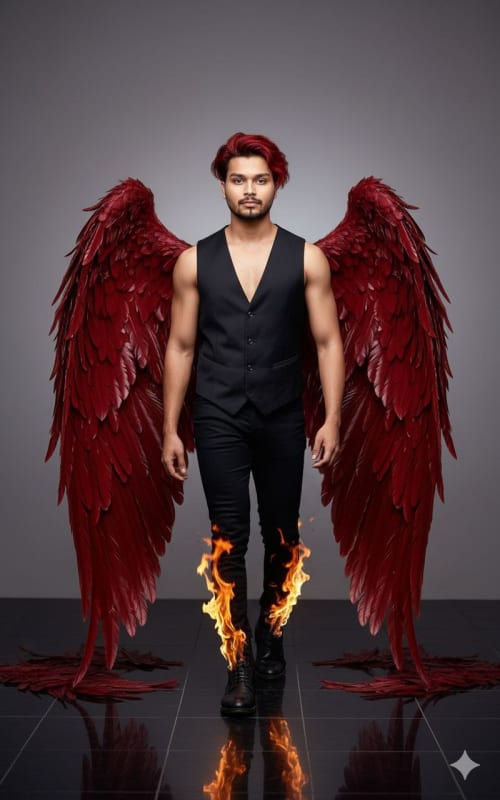 Photorealistic Winged Man Portrait with Fiery Accents - view 1
