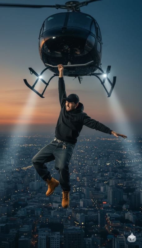 Cinematic Helicopter Hanging Action Shot thumbnail 2