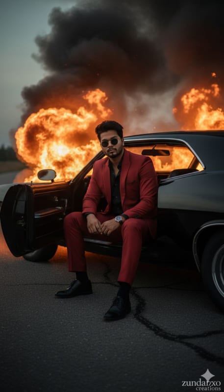 Man in Red Suit on Burning Muscle Car thumbnail 2