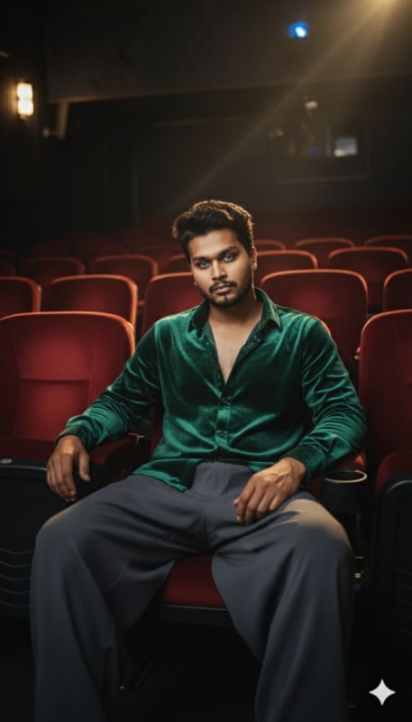 Cinematic Velvet Portrait in Dark Theater - view 1