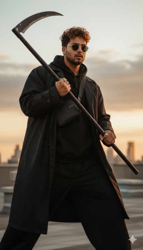 Photorealistic Scythe Wielder on City Rooftop at Golden Hour thumbnail 2