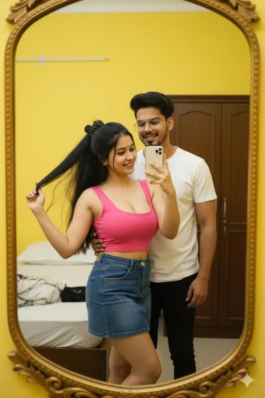 Vibrant Yellow Room Couple Mirror Selfie thumbnail 2