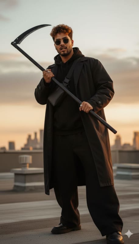 Photorealistic Scythe Wielder on City Rooftop at Golden Hour thumbnail 3