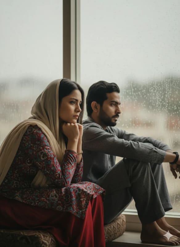 Melancholic Couple by Rainy Window: AI Art Prompt - view 1