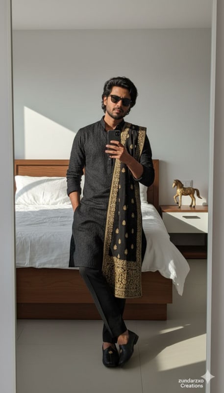 High-Fashion Black Kurta Mirror Selfie - view 1