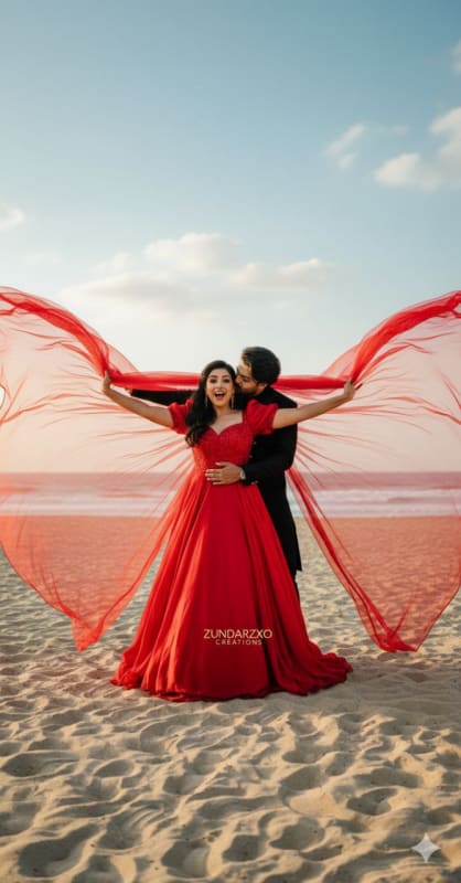Dramatic Pre-Wedding Photoshoot on a Beach: Indian Couple in Red Gown - view 1