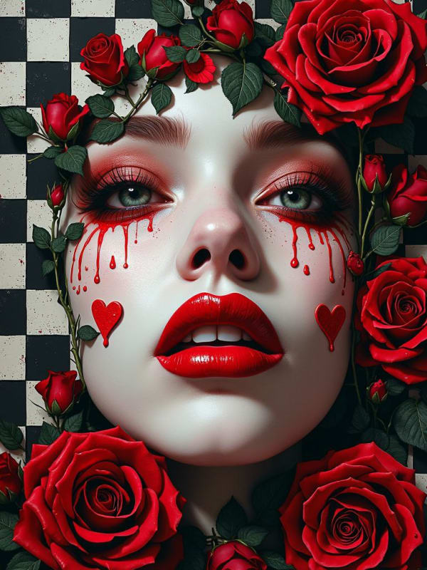 Gothic Surreal Portrait: Red Lips & Roses thumbnail 3