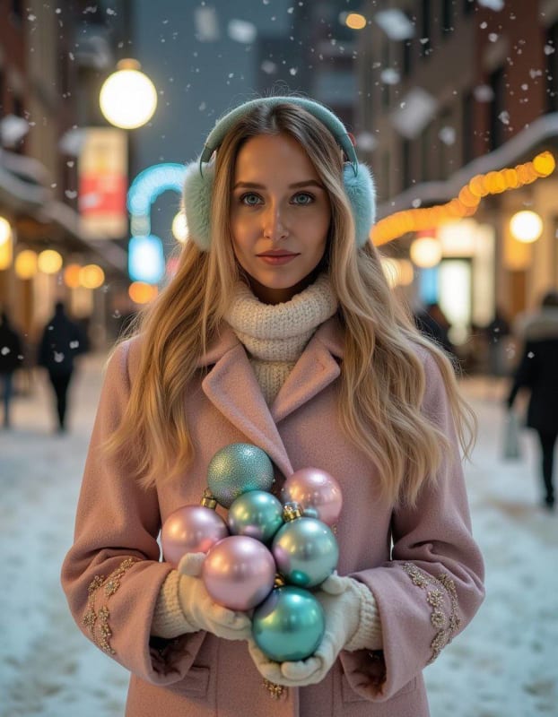 Magical Winter Portrait: Woman with Christmas Ornaments thumbnail 2