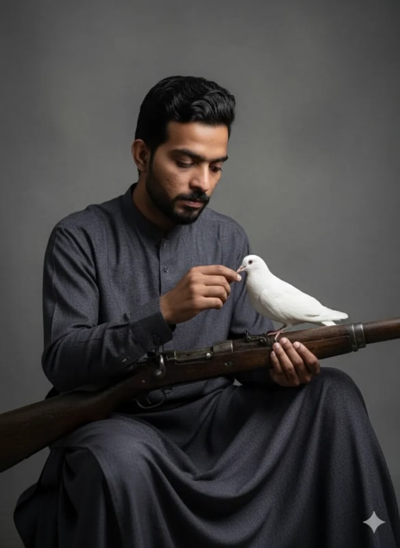 Contemplative Man with Bird and Rifle: Artistic Portrait - view 1