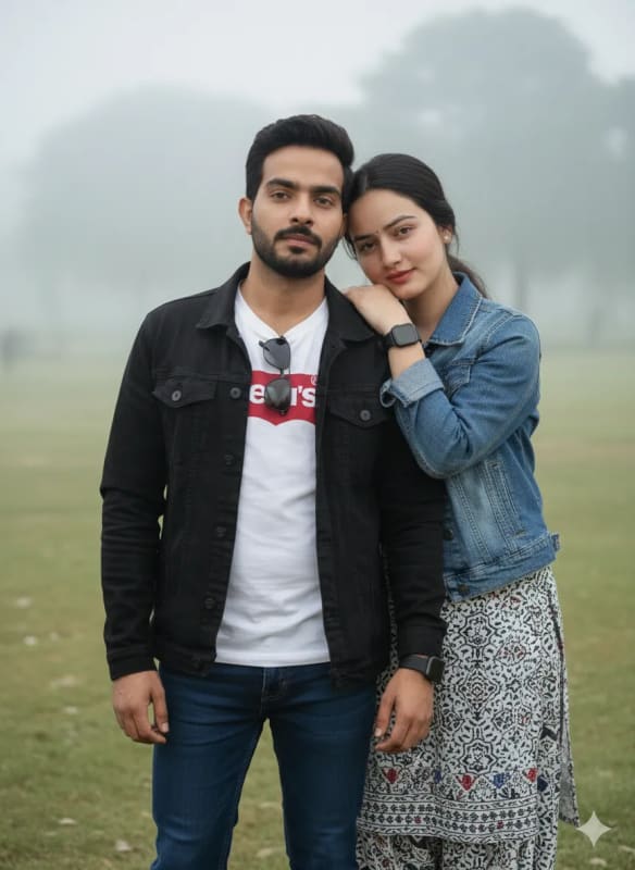 Romantic Couple Portrait in Foggy Park - AI Generated Image - view 1
