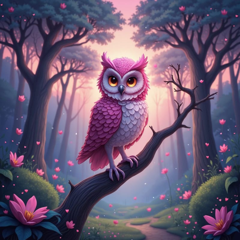 Enchanted Pink Owl in Twilight Forest - view 1